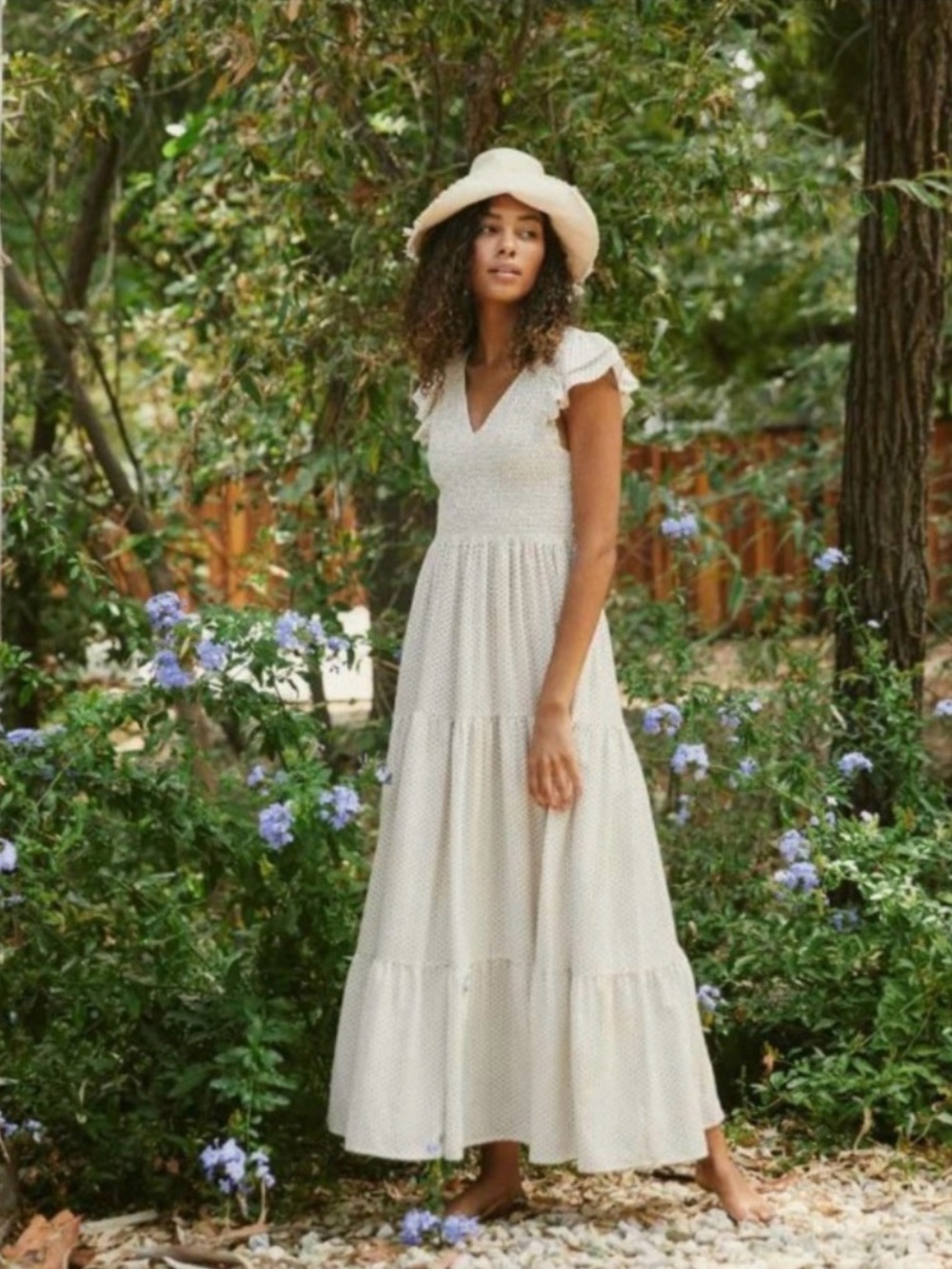 Christy Dawn Bodie Dress White Ditsy Smocked Flutter Sleeve Maxi M Cottagecore